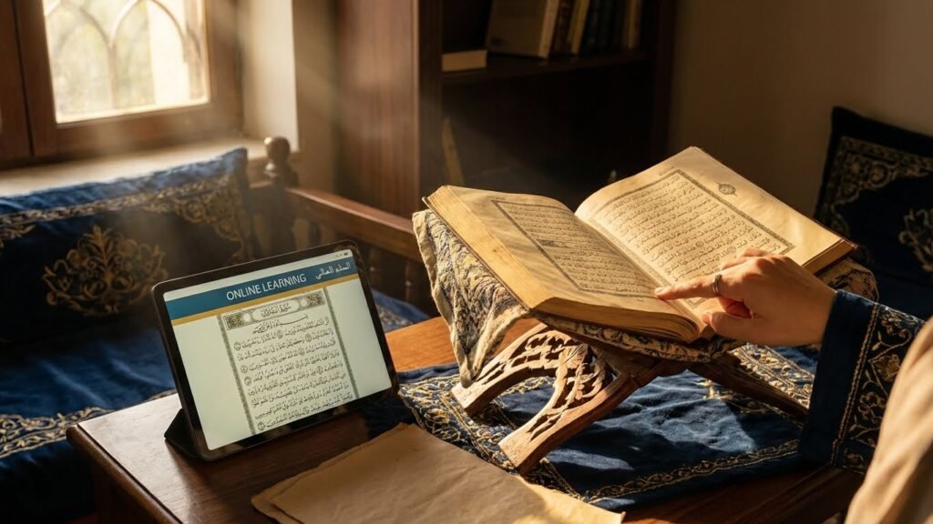 Nazra Quran Reading Course - Open Holy Quran placed on a traditional wooden Rehal stand